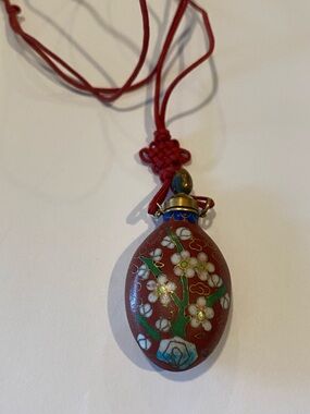Vintage Asian Red Cloisonné Floral Drop bottle Pendant Necklace